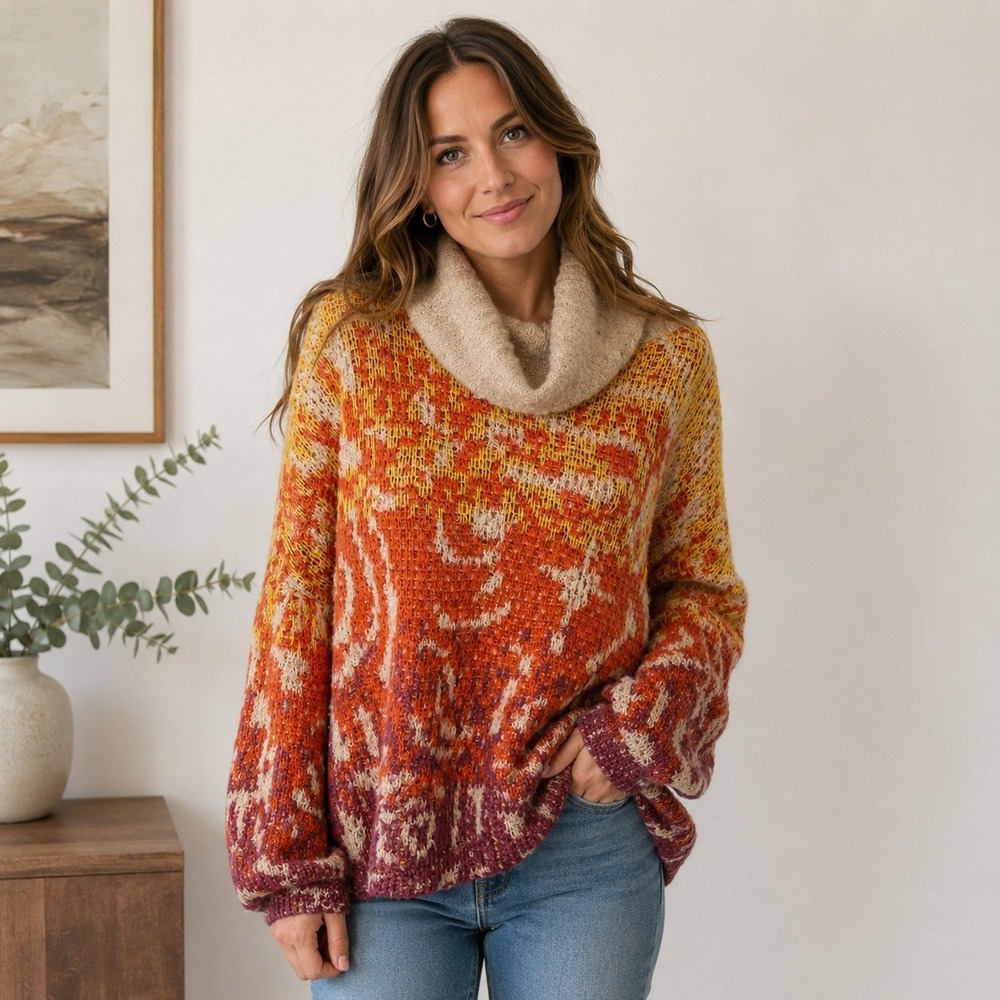 Fate Womens Oversized Cowl Neck Sweater Orange Yellow Abstract FW9944VC Large